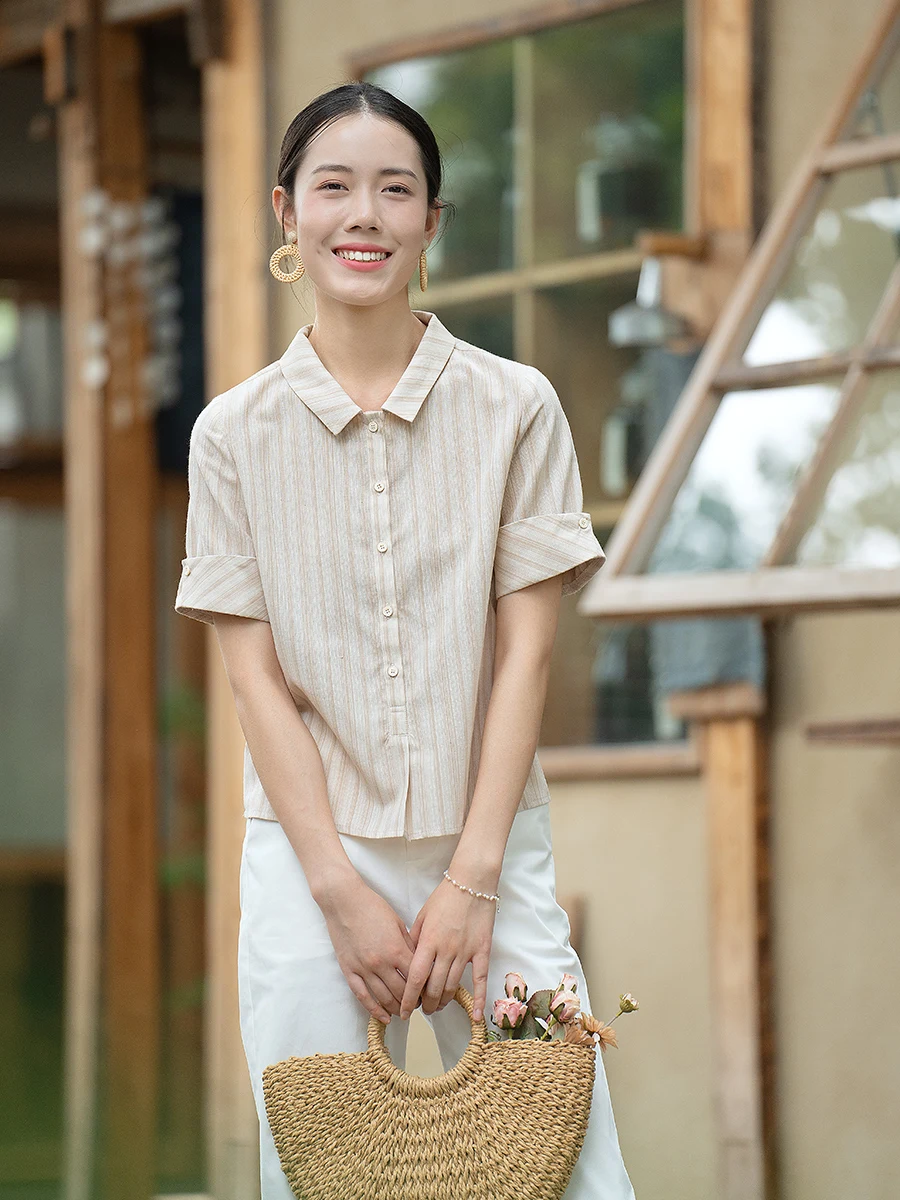 

Новая летняя женская блузка из хлопка и льна с коротким рукавом, в полоску, с маленьким воротником, универсальная, модная, для повседневной носки, коллекция 2026