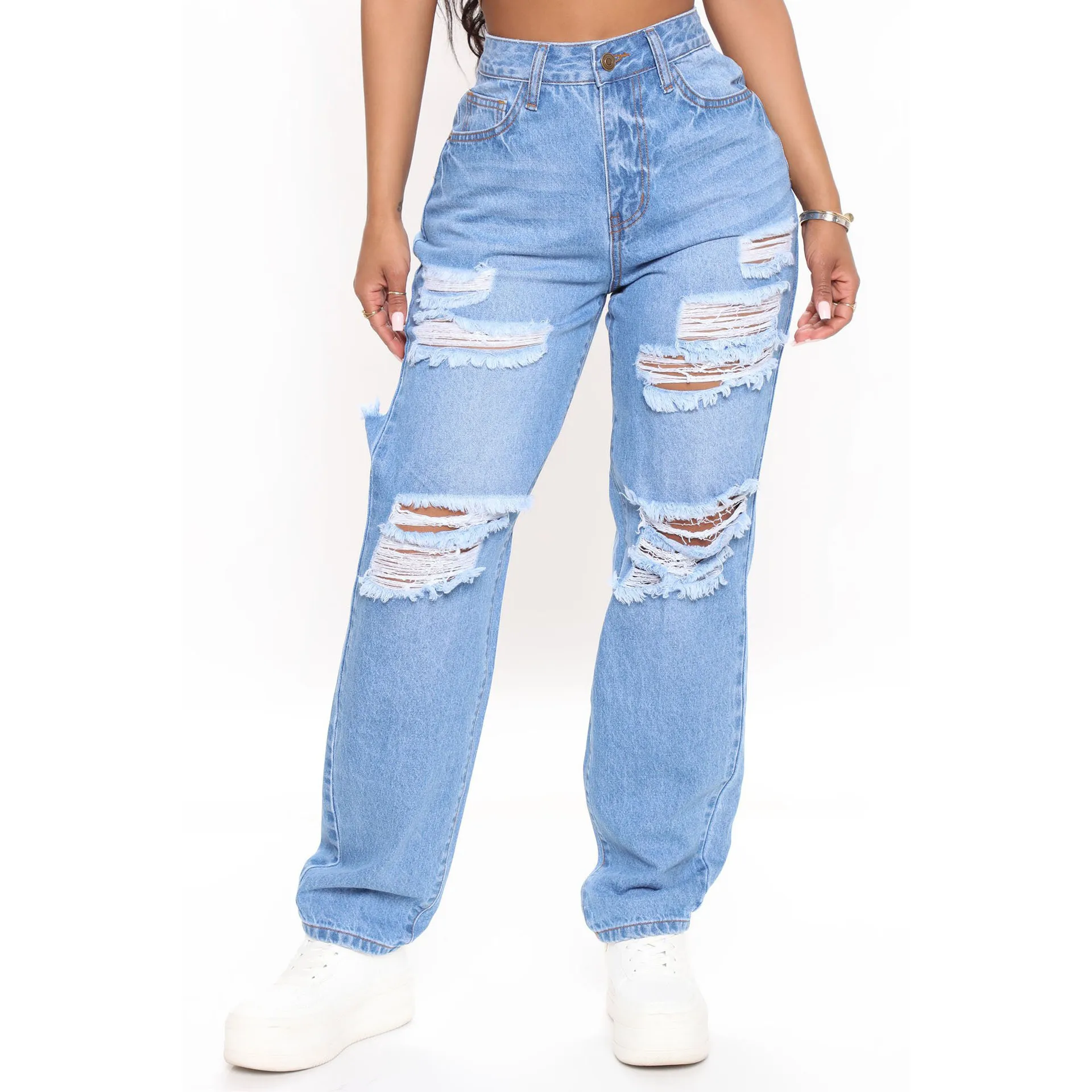 Women Jeans Ripped Hole Vintage Wide Leg Jean High Waist Ankle Length Denim Pants Solid Distressed Pockets Loose Fit Casual