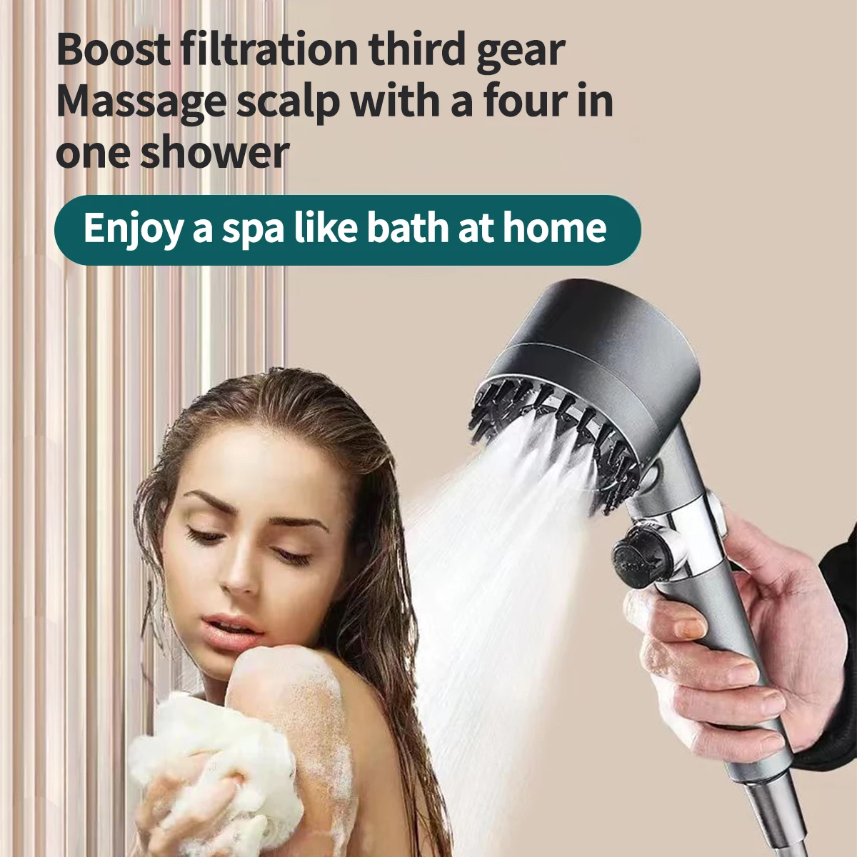 Portable High-pressure Shower Head 3-mode Adjustable Spray with Massage Brush Filter Rain Shower Faucet Bathroom Accessories Set