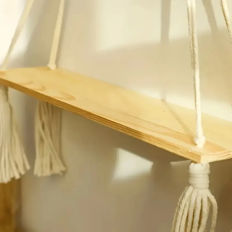 1 قطعة مكرميه رف معلق اليدوية البوهيمي النباتات الخشبية العائمة حبل رفوف ، ديكور الغرفة الجمالية ، ديكور المنزل ، ديكور غرفة نوم