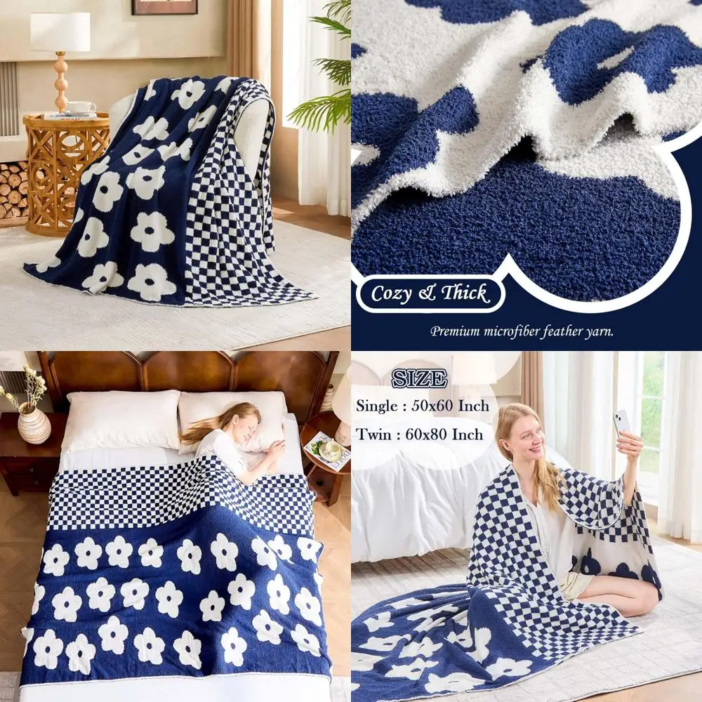 

Navy Blue Flowered Throw Blanket, 50x60 Soft Plaid Knit Couch Blanket for Home Decor, Reversible Pattern