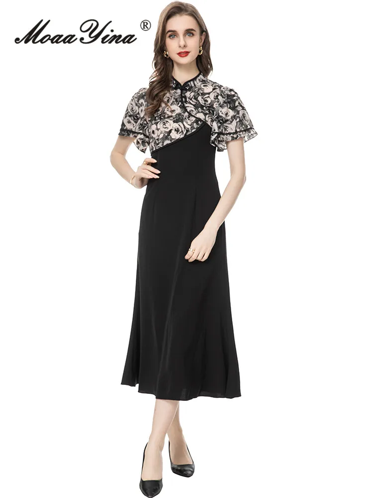 

MoaaYina Fashion Designer Summer Dress Women's Short sleeves floral print patchwork Balck Slim Lady vintage Midi Dress