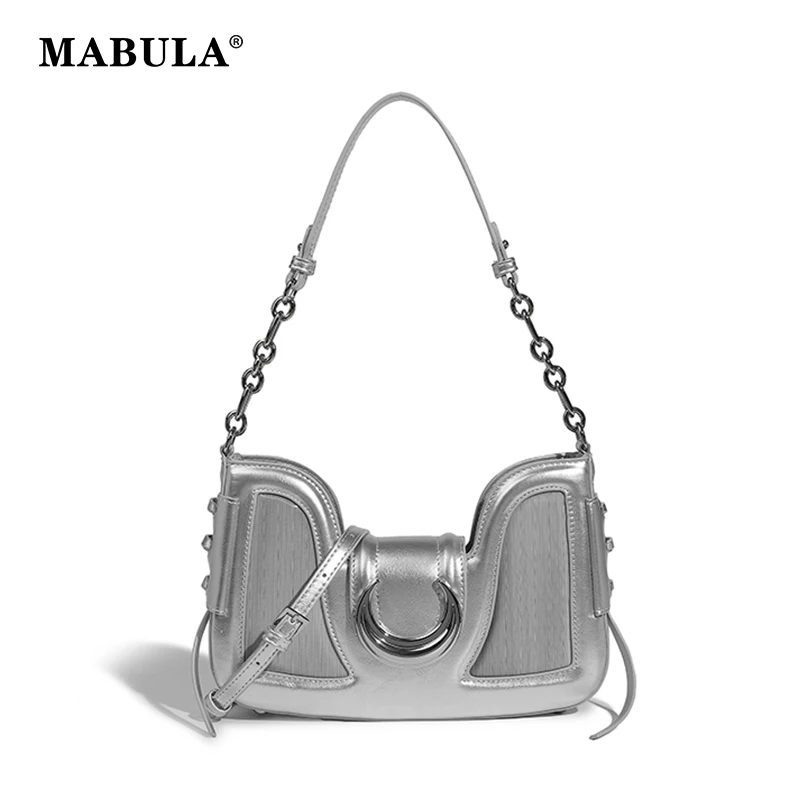 MABULA Luxury Designer Silver Women\'s Shoulder Bag Exquisite Chain Leather Cross Body Purse Trend Lady Cell Phone Clutch Handbag