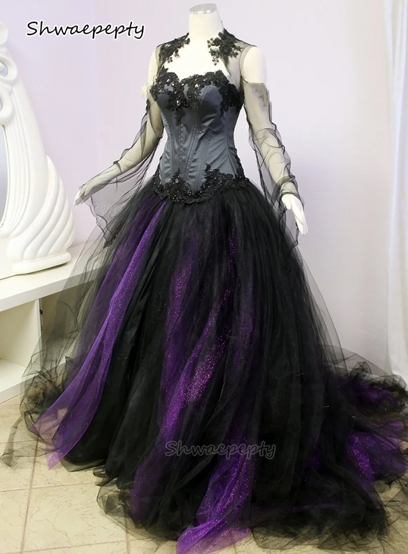 

Halloween Gothic Wedding Dress Black And Purple Historical Medieval Bridal Gowns Customized Corset A-Line Vintage Costume