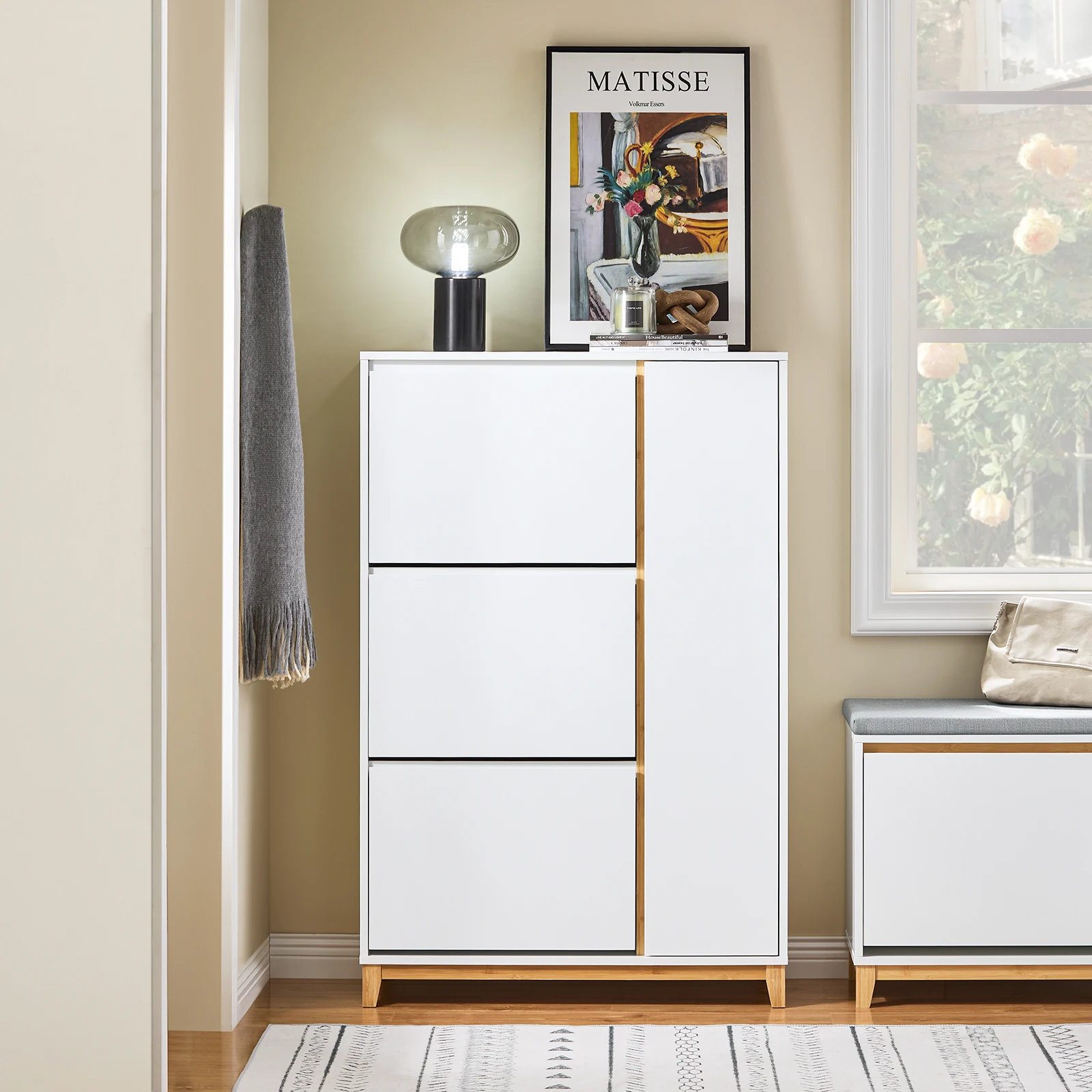 SoBuy FSR189-WN Scarpiera a 3 patta scarpiera stretta con 6 ripiani scarpiera cassettiera Bianco naturale 80x122x34 cm