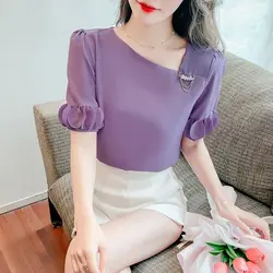 Summer 2023 New Fashion Pullover Chiffon Skew Collar Short Sleeve Women Shirts Korean Patchwork Solid Color Loose Blouse Top Tee