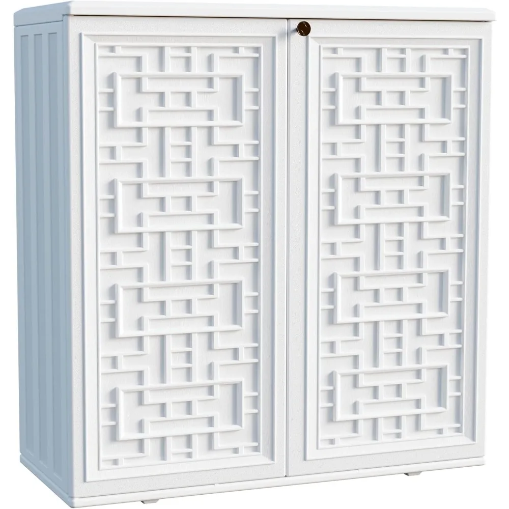 

Indoor Outdoor Storage Cabinet Waterproof with Shelf, Off White Plastic Outdoor Cabinets for Patio/Garden/Backyard, Size 34.3''L