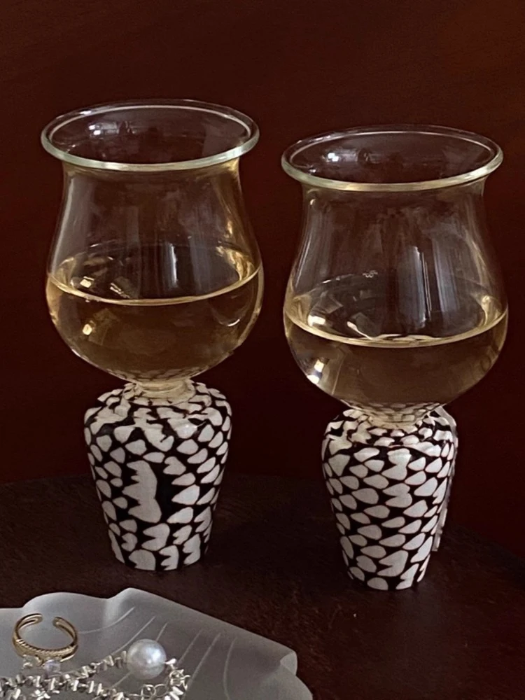 Ahunderjiaz-Retro Natural Conch Glass Goblet,Leopard Checkerboardพิมพ์การออกแบบ,โต๊ะรับประทานอาหาร,ตกแต่งโต๊ะ,Home Dec