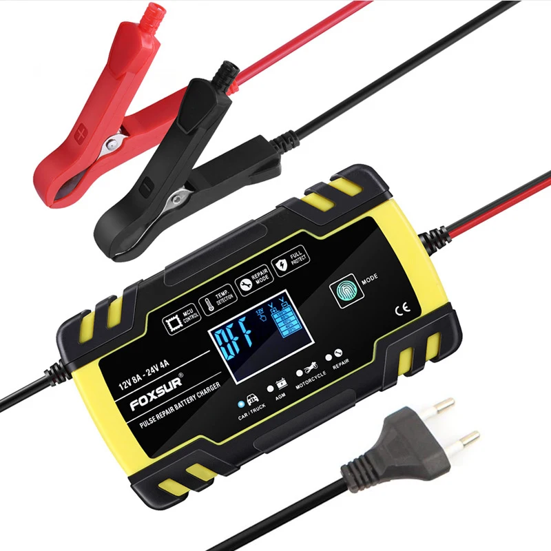 FOXSUR-12V, 24V 8A 스마트 배터리 충전기, 자동 시작, 고속 충전기, 자동차, 오토바이, 트럭용, 디pcycle, 습식, 건식, 납산 