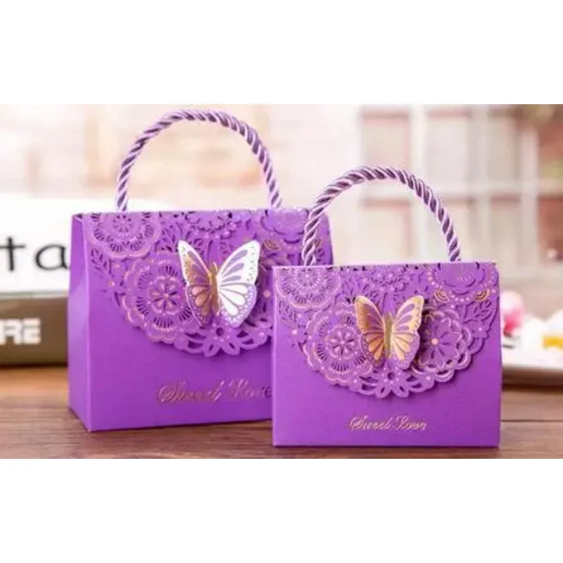30pcs Blue purple Butterfly Flower Candy paper gift bag with handle Wedding favor Portable Gift paper Box wedding Party Favors
