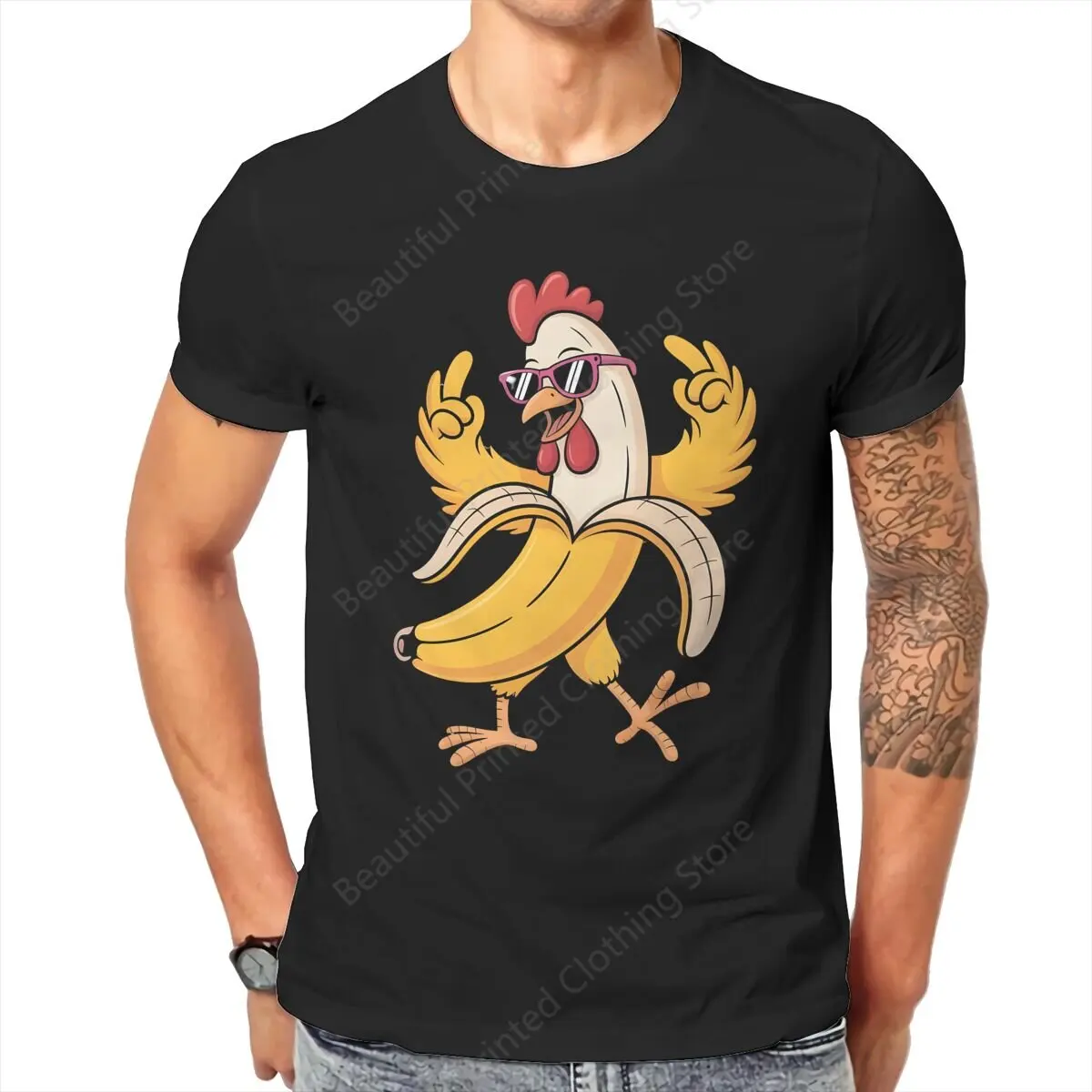 Men Women Cool T-shirt chicken banana Funny Printing  T-shirts Fashion Loose Tops Street Short Sleeve