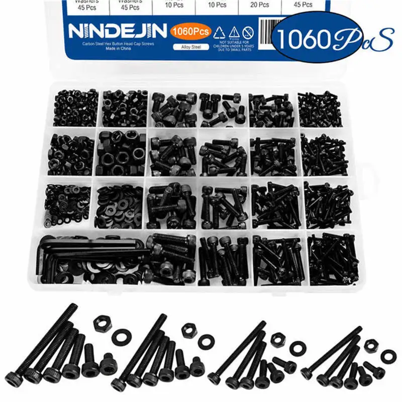 1060 stks M2 M3 M4 M5 Hex Socket Schroef Set Koolstofstaal Platte Ronde Kop Schroeven Bouten en Moeren Assortiment Kit met Opbergdoos