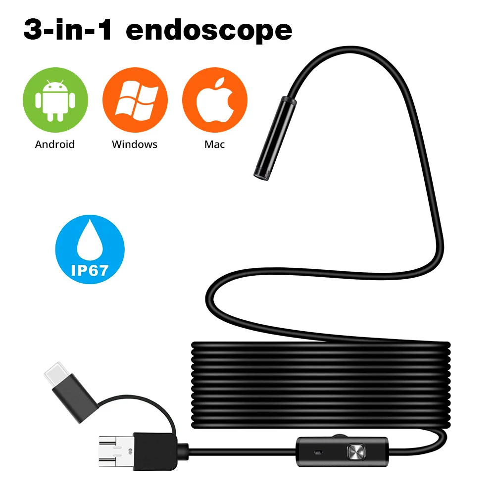 KERUI 3 in 1 USB Endoscope for OTG Android Phone 7mm Borescope Inspection for PC MacBook Snake Camera For Pipeline Waterproof