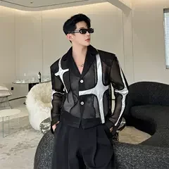 2024 Early Autumn New Male Blazers Mesh Hollow-out Suit Jackets Men\'s Short Fashion Casual Trendy Male Sun Protect Suit Jacket