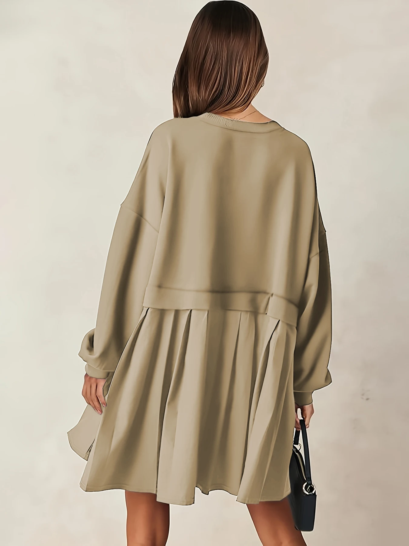 Solid Color Plus Size Fake Two Piece Mini Dress, Women Round Neck Full Sleeve Oversized Pleated Skirt Dress Casual Loose Bubble Sleeve Outfit Multi Colors For Daily Date Party Gathering