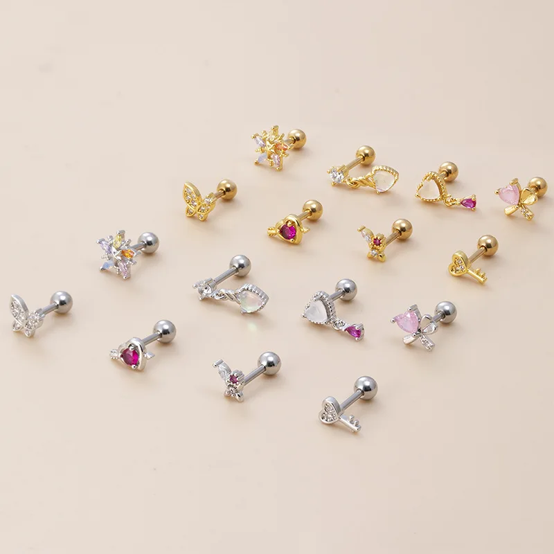 Guemcal 1 Pair Double Head Thread Thick Rod Pink Zircon Love Butterfly Flower Ear Bone Nail Cartilage Piercing Nail