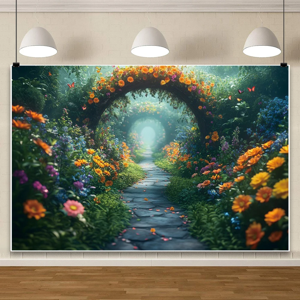 매직 가든 책장 사진 배경, 숲 녹색 용수철 풍경, 판타지 나비, 어린이 생일 초상화 배경