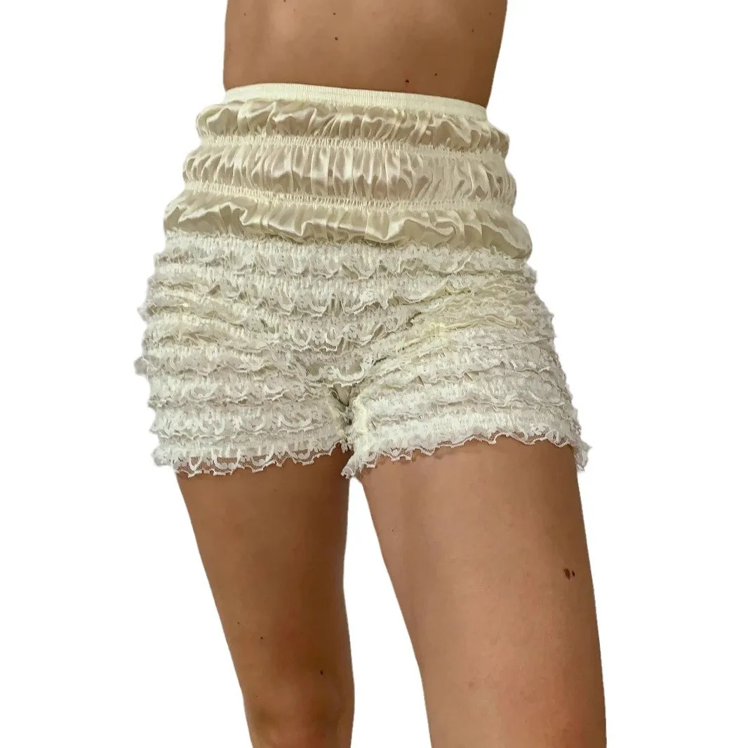Pink Satin Lace Multi Layer Ruffle Shorts Elastic High Waist Mini Frill Hot Pants Sleep Lingerie Casual Bottoms Shorts 0VW2 - view 5