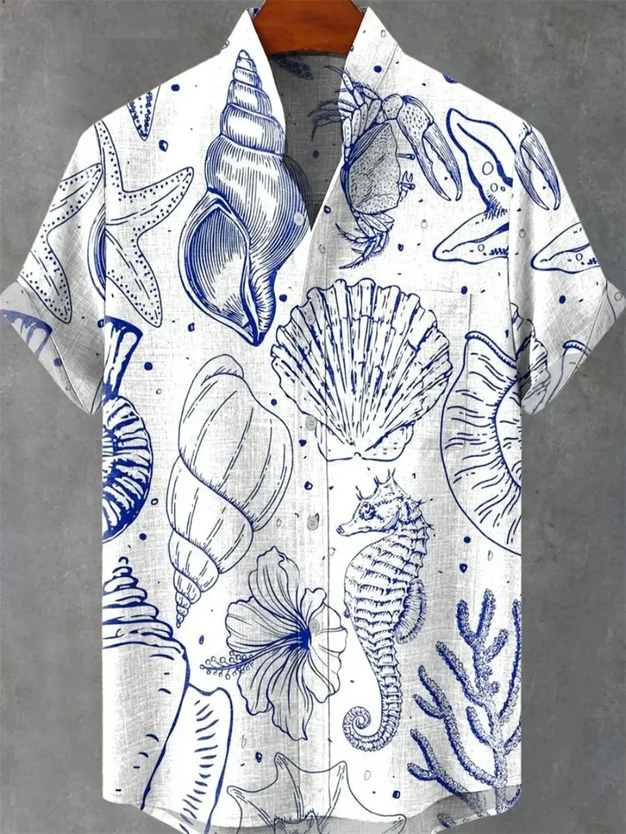 2025 New Linen Comfortable Breathable Fabric Short Sleeve Top Forest Art Print Men's Stand Collar Shirt Art Lover Clothing