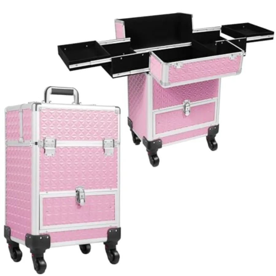 

Pink Rolling Makeup Case with 4 Trays and Large Drawer Nail Travel Case on Wheels for Professional Stylists Portable Beauty Org