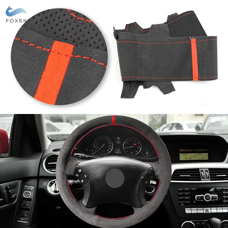 Car Steering Wheel Cover Suede Leather Red Threads Strip For Mercedes Benz C Class W203 2001 2002 2003 2004 2005 2006 2007