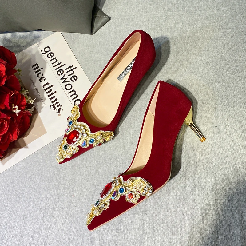 2023 Autumn New Wedding Banquet Shoes Wedding Shoes Xiuhe Wedding Chinese Red Bridal Shoes Velvet Rhinestone Dress Single