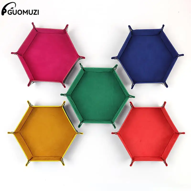 Rolling Folding Hexagon Dice Tray Board Game Storage Double Sided Thick PU Leather&Velvet Dice Box With 6 Snap Fastener