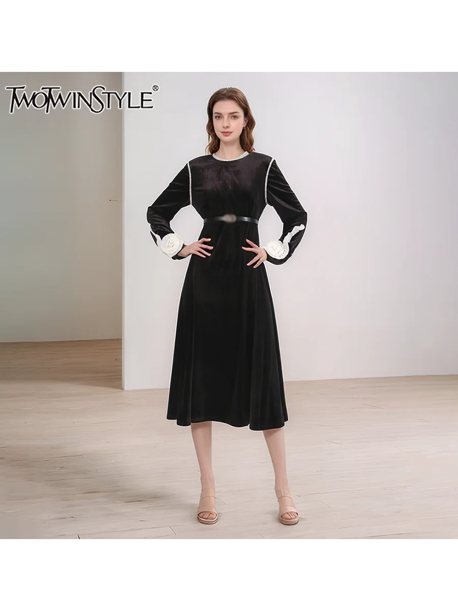 

TWOTWINSTYLE Вечернее платье с лоскутной аппликацией для женщин, элегантные женские платья с круглым вырезом и длинными рукавами, высокой талией и поясом
