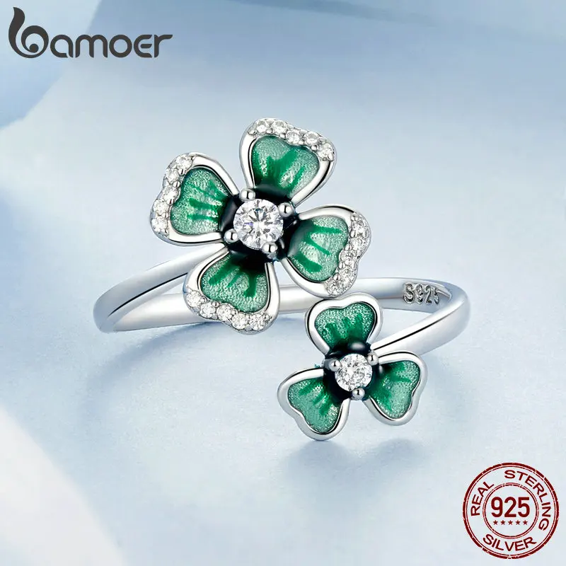 BAMOER 925 Sterling Silver Elegant Four-Leaf Clover Adjustable Flower Ring, Simple Finger Ring for Women BSR528