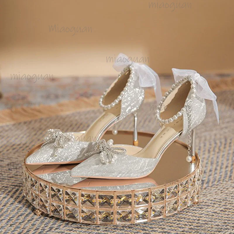 

Женские босоножки на высоком каблуке, весна-лето, модные женские туфли-лодочки с жемчугом и острым носком, серебряные туфли-лодочки, элегантные женские сандалии, вечерние женские туфли