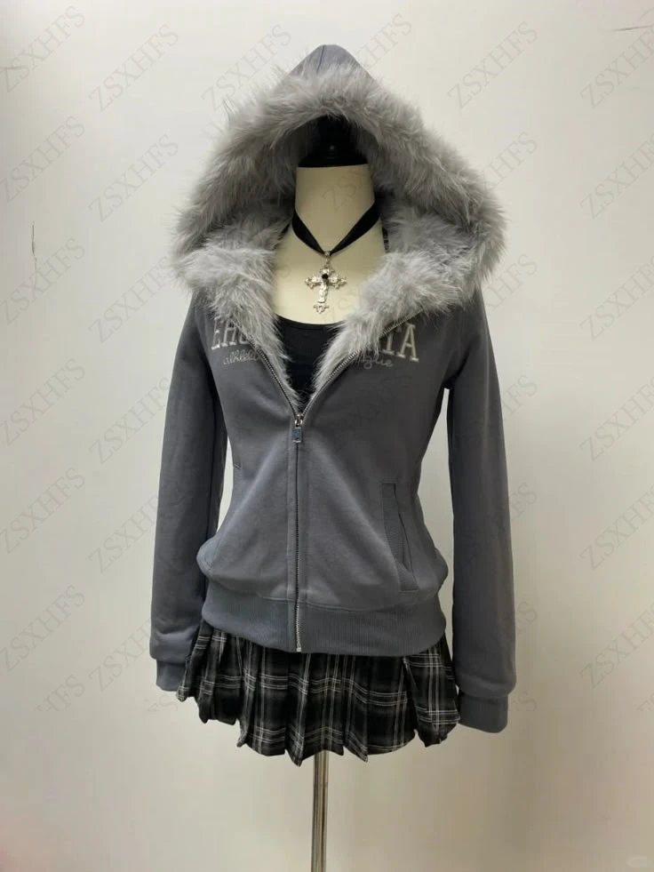 Sudadera con capucha estética con cremallera para mujer, ropa de invierno con letras ajustadas Punk de calle alta, Tops góticos de Corea de gran tamaño, sudadera Y2k