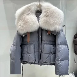 Puffer Jacket Female White Duck Down Coat Women Loose Natural Big Fox Fur Jacket Women 2024 New Winter Thickened Warm Short Coat