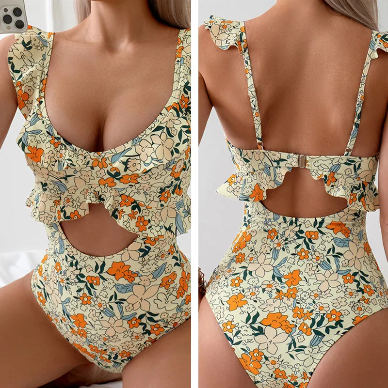 2026 flower Swimwear Women Beach One Piece Pad Swimsuit Hollow Bikini Mujer Trikini Maio Badpak Biquini Monokini