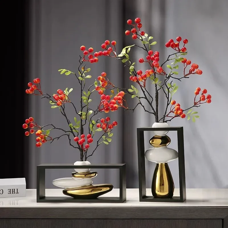 New Ceramic Vase Geometric Frame Golden Rockery Stone Stack Flower Vase Floral Arrangement Home Decoration Accessories