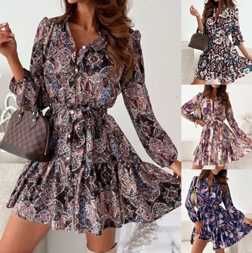 2024 autumn new V-neck printed long-sleeved dress lace-up ruffle edge splicing shirt skirt