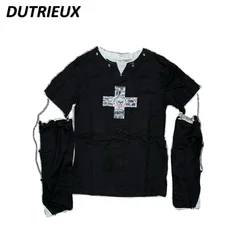 Spring Autumn Dark Punk Style Cross Skull Chain Stitching Sleeves Tops Black Loose Crew Neck Short Sleeve T-shirt for Women