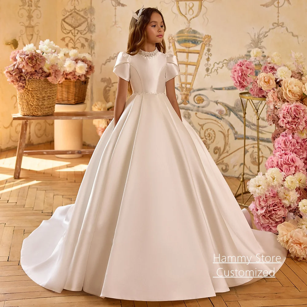 

Customized First Communion Dress Modern High Neck Short Sleeves Beading Pearls Birthday Party Gown Flower Girl Dresses
