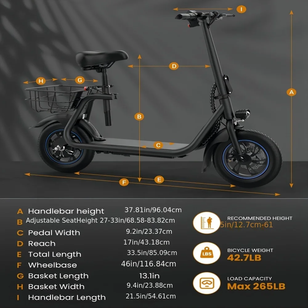 Gyroor 450W Electric Scooter with Seat for Adult, 12 inch Commuter Electric Scooter with Basket - up to 21 Miles 15.5MPH