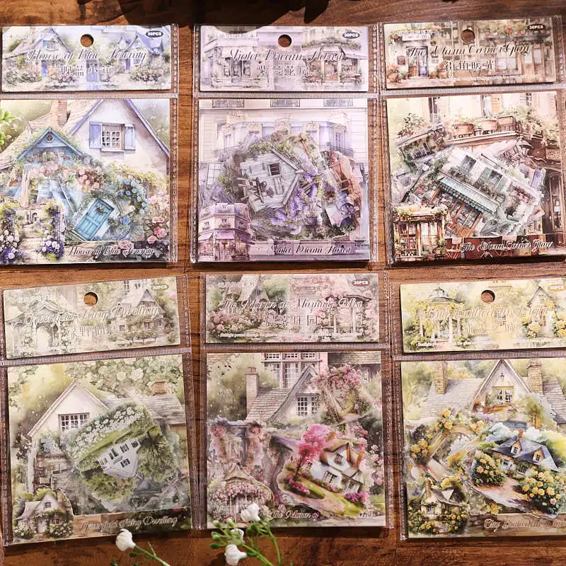 

30pcs/pack Glass Dream Series Retro House Landscape PET Stickers DIY Diary Scrapbook Aesthetic Stationery Stickers