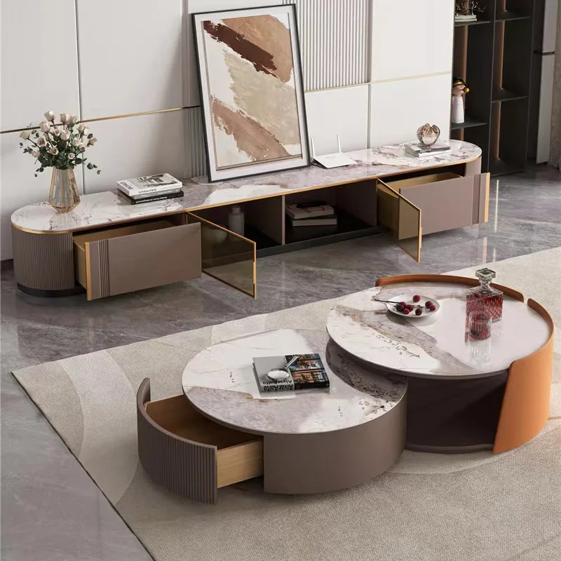Light luxury rock slab round coffee table TV cabinet combination modern simple size round