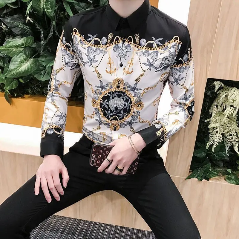 Spring Autumn Turn-down Collar Fashion Long Sleeve Shirt Man England Office Blouse High Street Casual Printing Button Cardigan