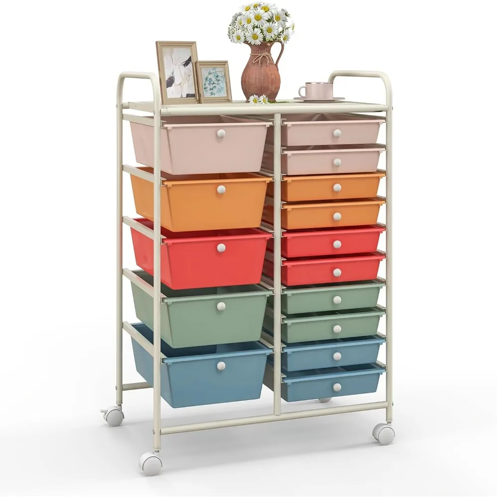 15 Drawers Rolling Cart, Classroom Organizers, Storage Cart with Wheels, for Teacher Office Home School Supplies Tool