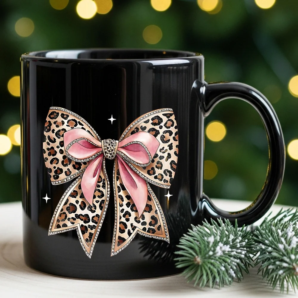 Leopard Pink Bow Rhinestone Coffee Mug Ceramic Cup Gift for Mom Women Birthday Mother Day Christmas Office Home Daily Use