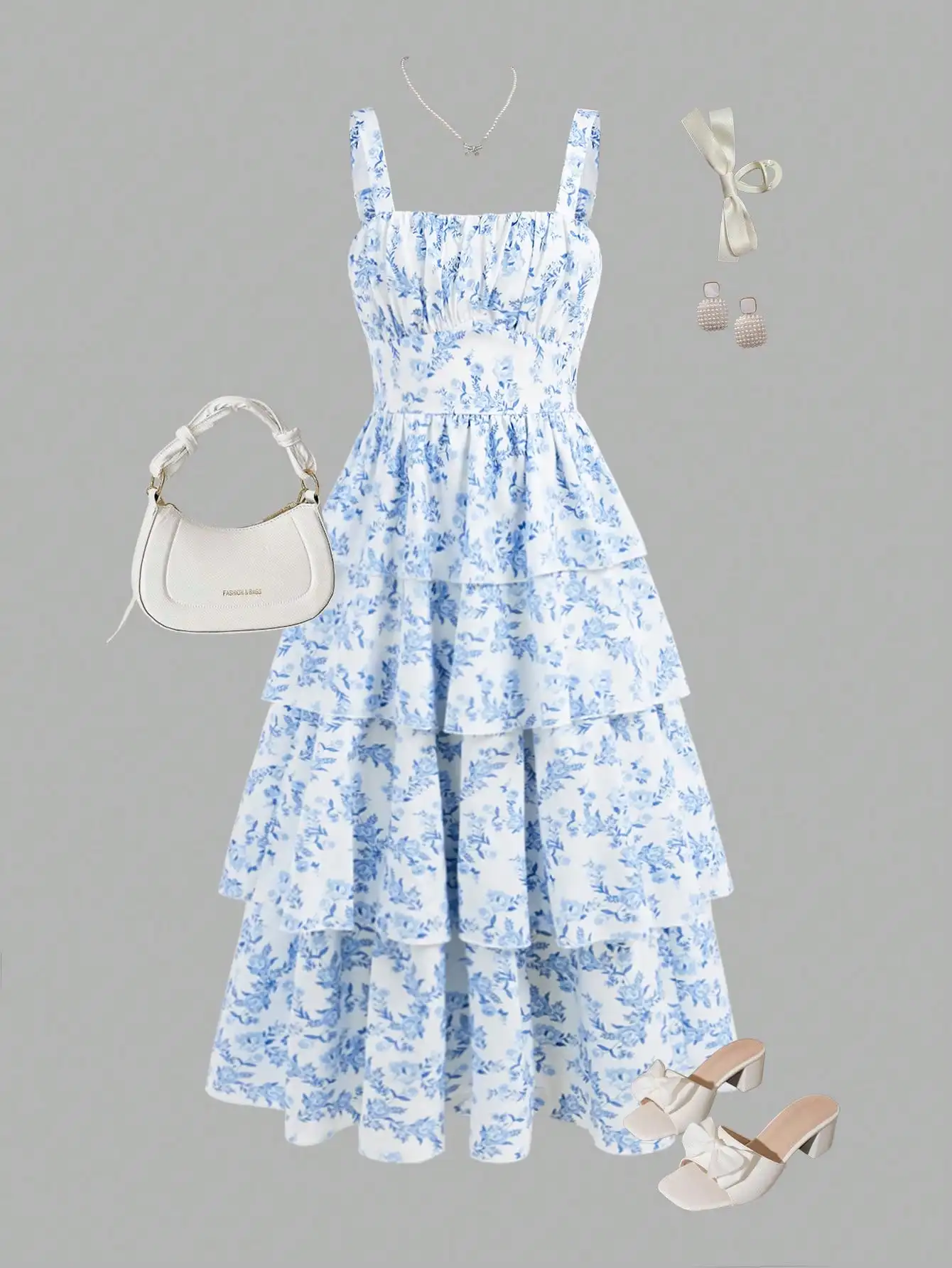 

Синее многоярусное платье макси с цветочным принтом и бретелями для женщин, летнее, повседневное