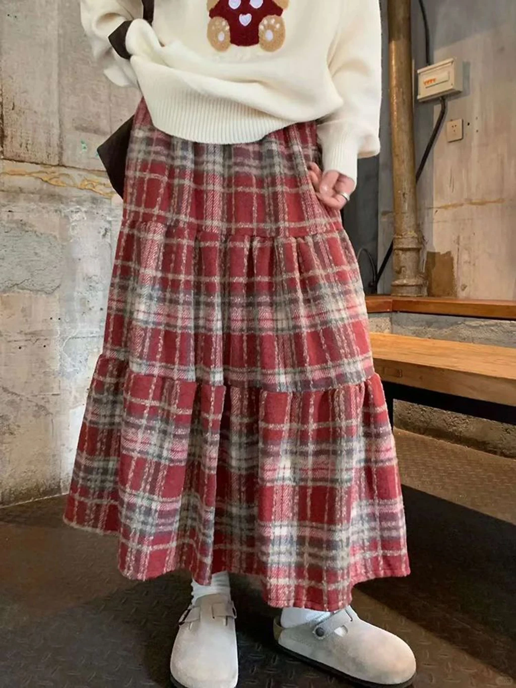 

Sweet Retro High Waist A- Line Plaid Woolen Skirt Women's Autumn Winter Midi Length Half Body Skirt Comfortable Casual Style