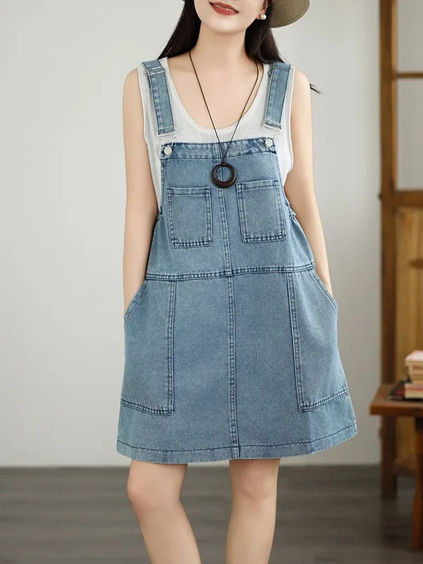 Summer New Style Korean Loose Casual Denim Halter Dress Women's  Size Age Reduction College Style Overall A-Line Dress