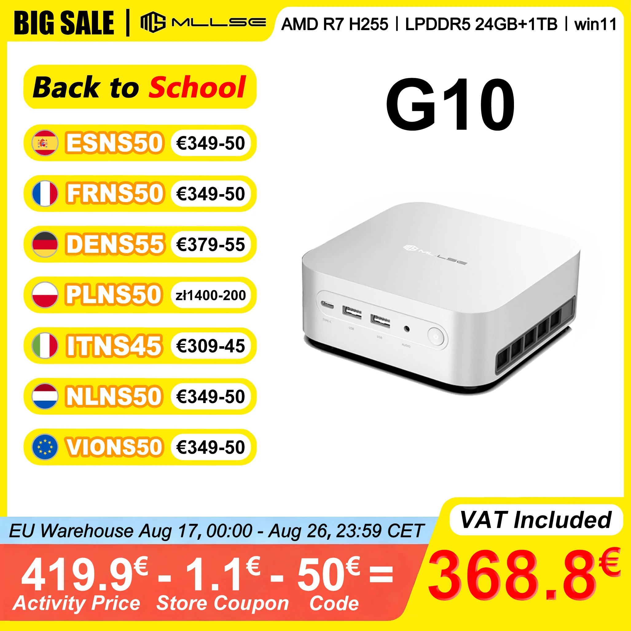 MLLSE G10 Mini-PC AMD Ryzen 7 H255 24GB LPDDR5 RAM 1TB ROM Windows 11 AMD Radeon 780M HDMI DP Bluetooth 5.2 WiFi 6