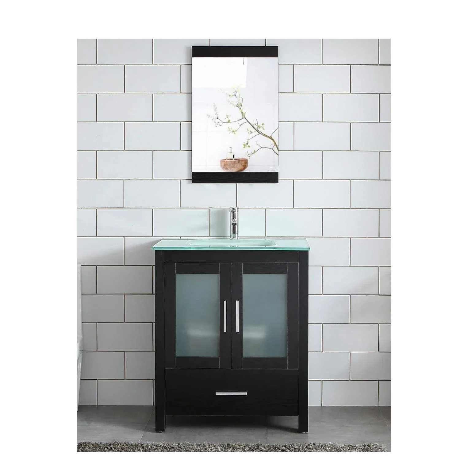 

30" Black Bathroom Vanity and Sink Combo MDF Wood Glass Top Without Mirror