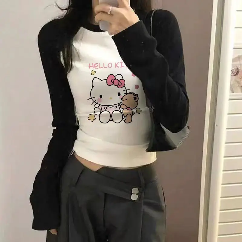 New Sanrio Hello Kittys Long Sleeve T-Shirt for Women Cute Printed Tops Spring Autumn Korean Hot Girls Sexy Slim Tops Trend Tees view 4