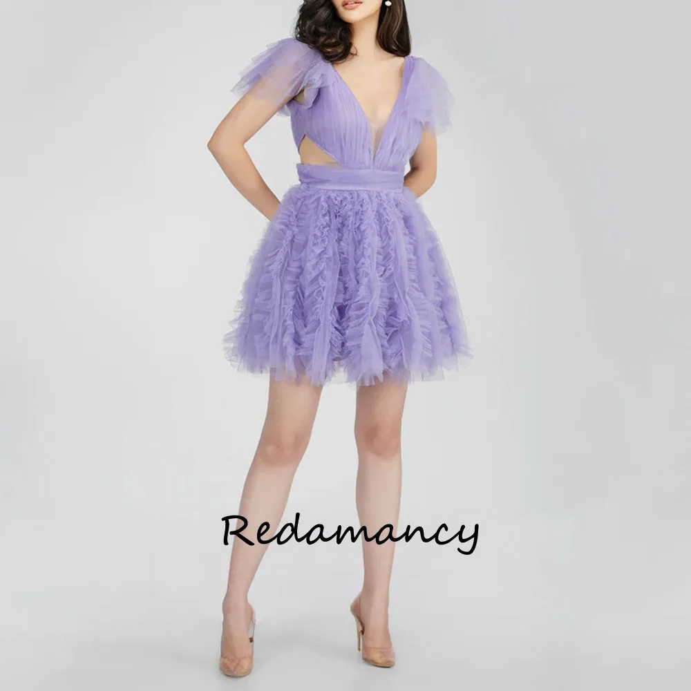 

Redamancy Purple Sexy V-Neck Tulle A-LINE Homecoming Dresses 2024 Backless Slim Knee-Length vestidos de novia Party Dress